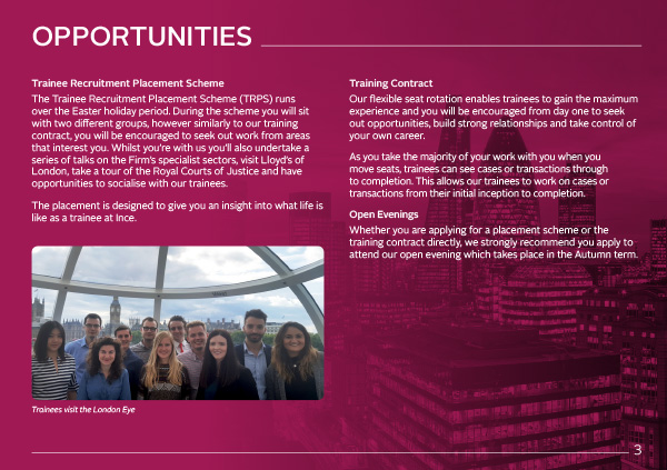 Design and print for a graduate recruitment brochure for a law firm